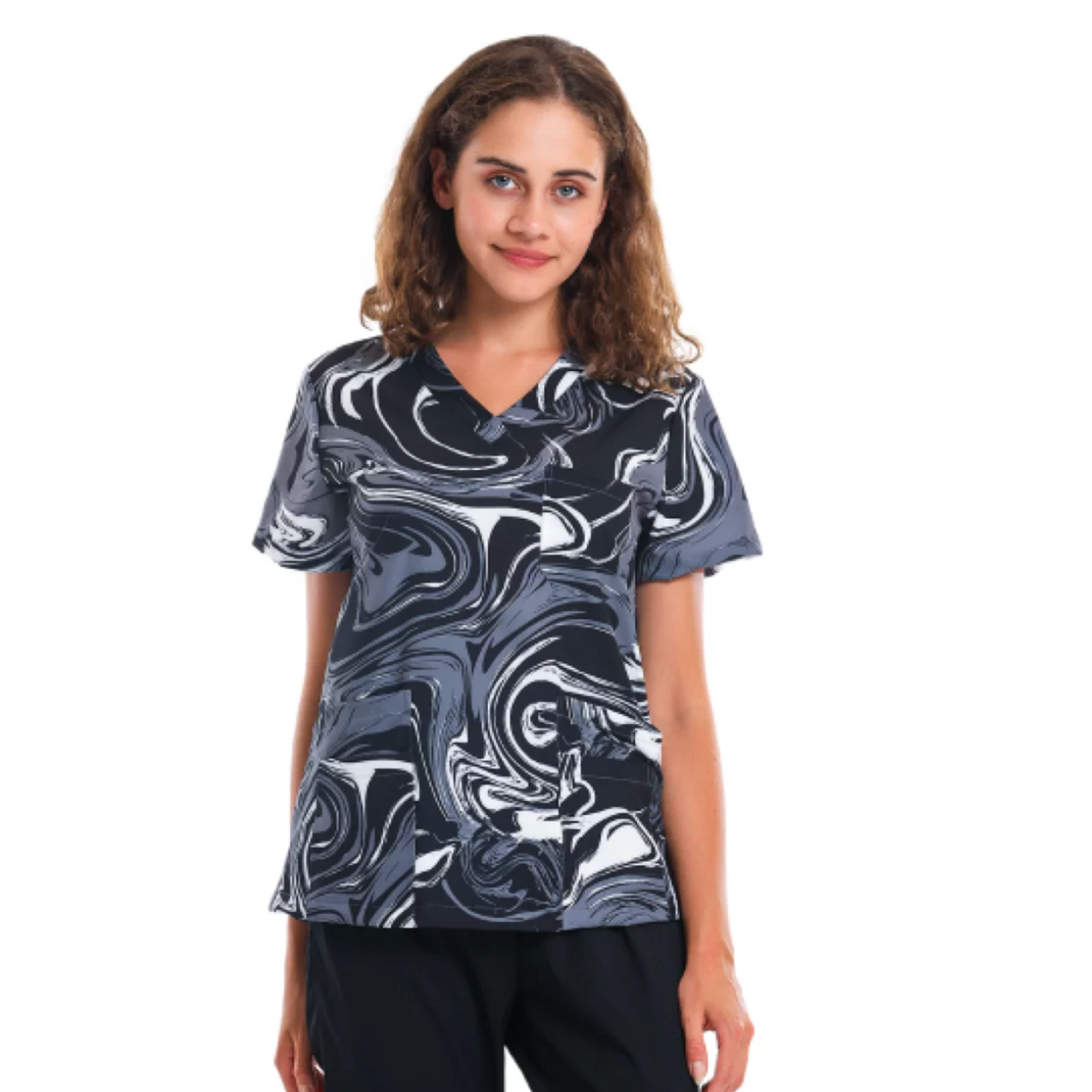 Black, Gray and White Waves Scrub Top