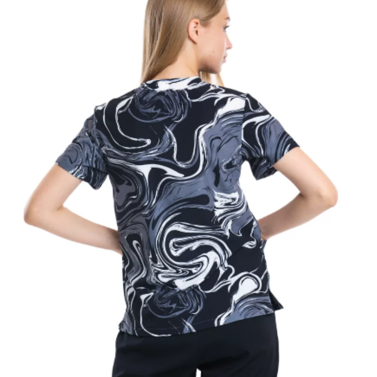 Black, Gray and White Waves Scrub Top