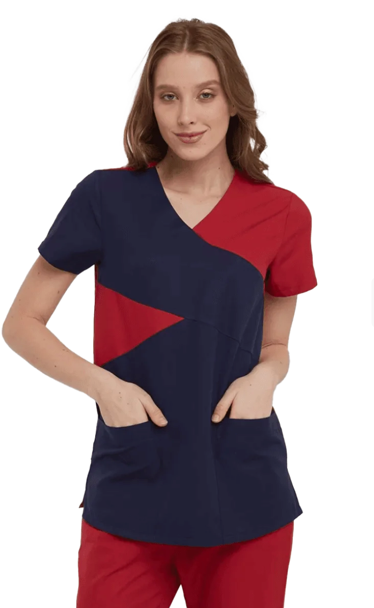 Red & Navy V Neck Scrub Top