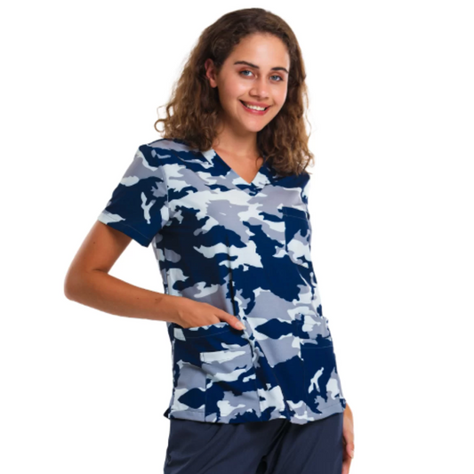Navy and Gray Camouflage Scrub Top