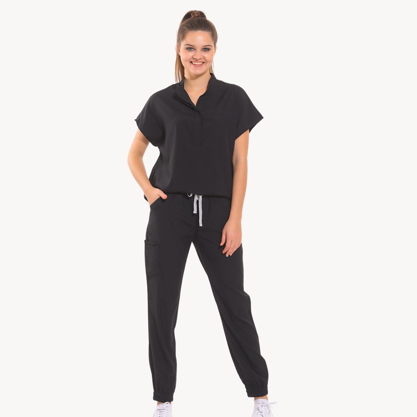 Black Jumpsuit Scrub With Front Button and Jogger Leg -  Canada